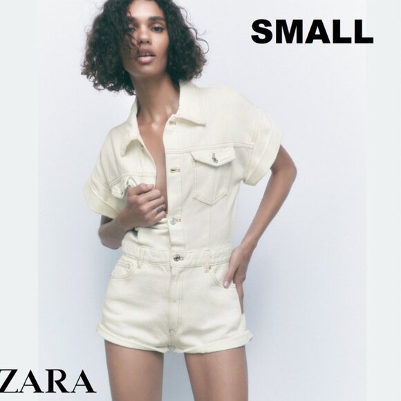 Zara White Denim Jumpsuit sz Small - Picture 1 of 5